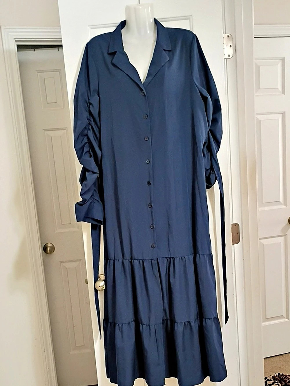 Navy Button Front Tiered Midi Dress